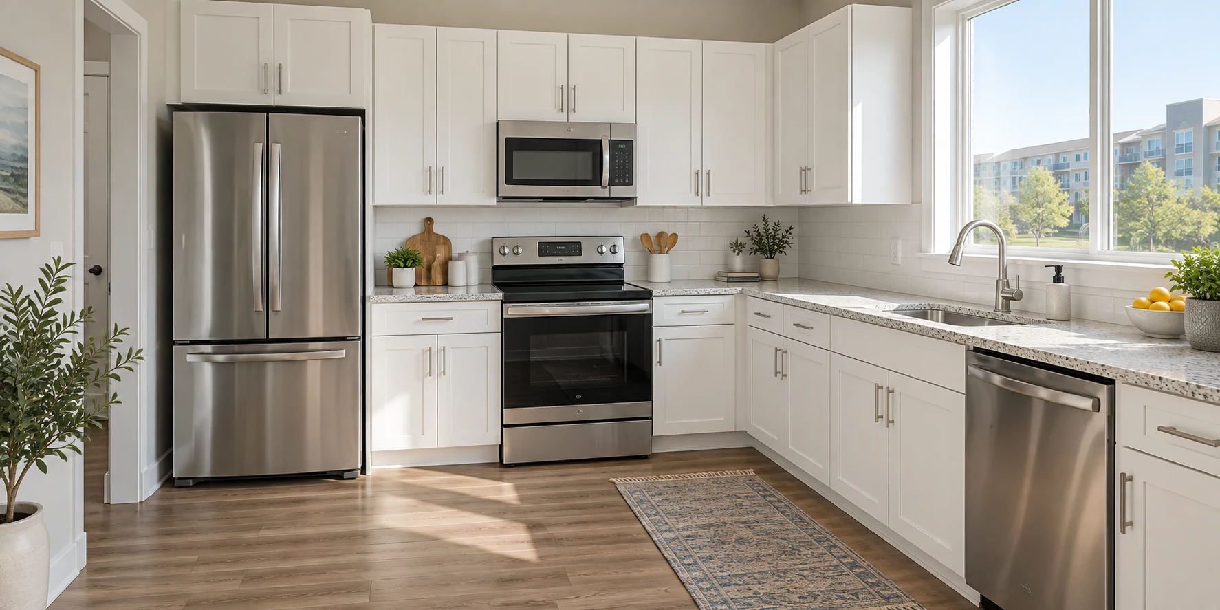 A tidy white kitchen with stainless steel appliances