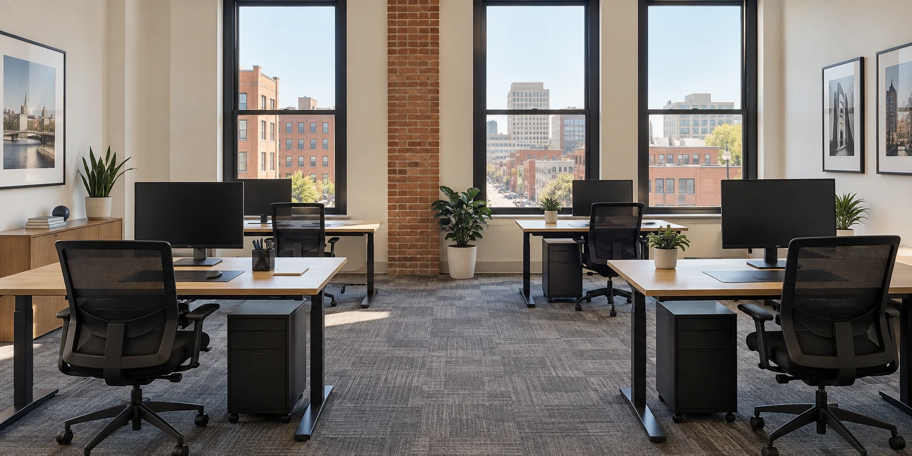 A bright brick-accented office with tidy workstations and tall windows